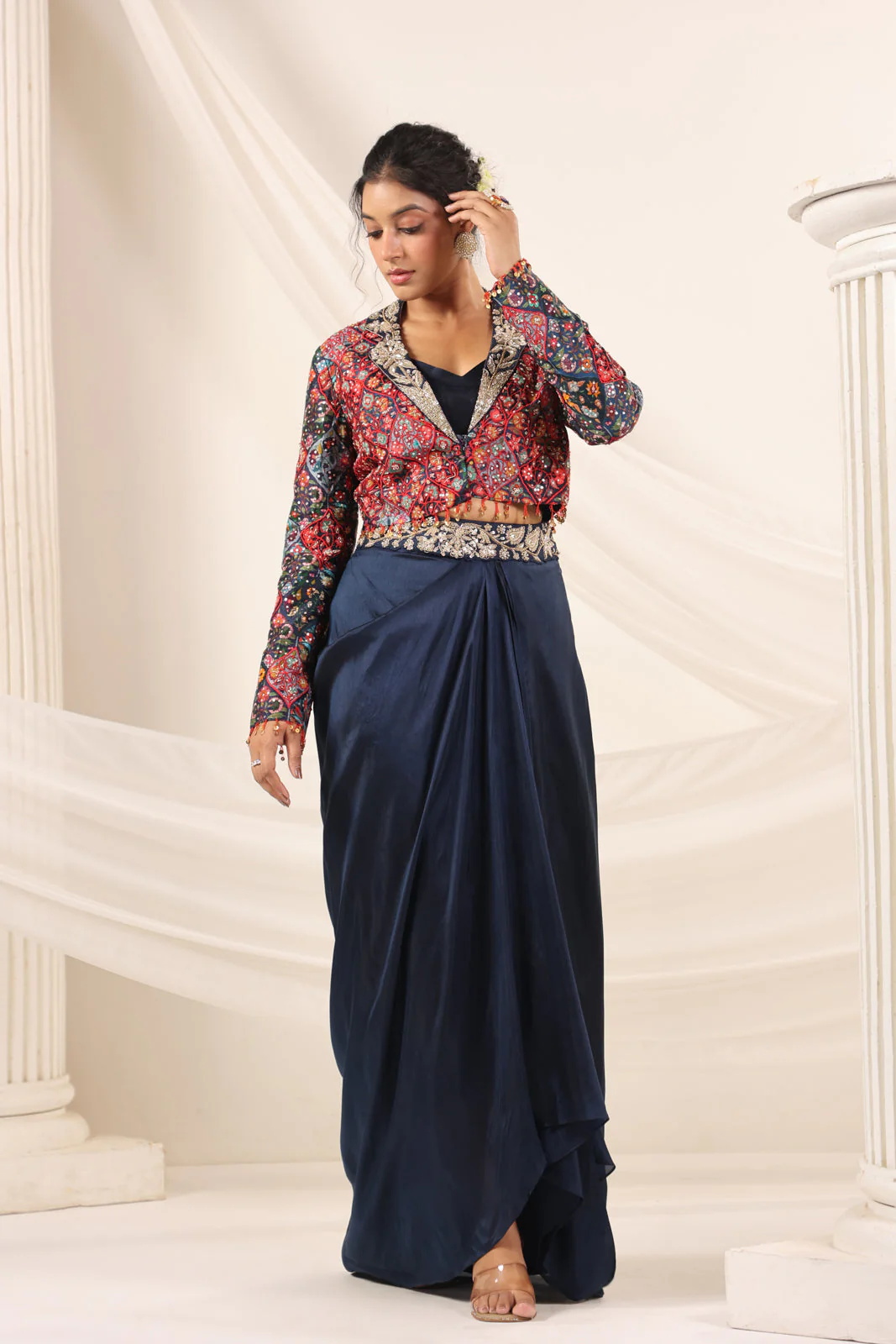 Navy Blue Fusion Pleaded Lehenga With Short Crop Top Paired With Contrast Printed Embroided Jacket - Image 7