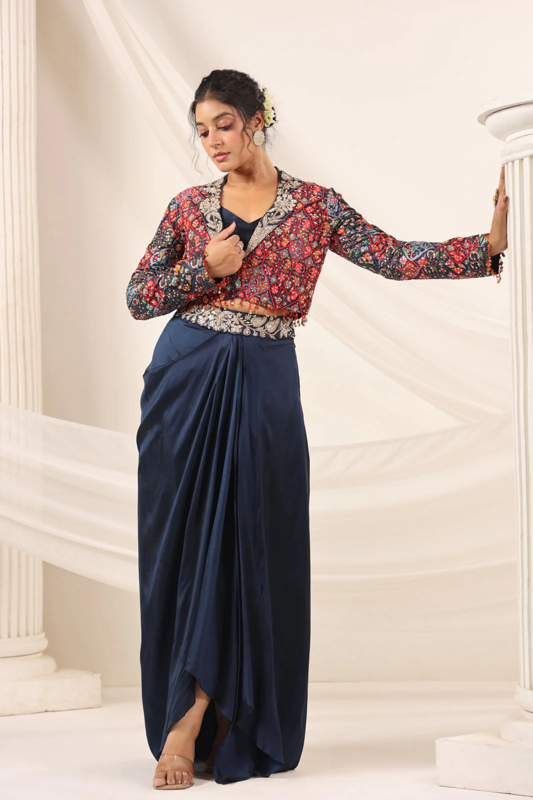 Navy Blue Fusion Pleaded Lehenga With Short Crop Top Paired With Contrast Printed Embroided Jacket - Image 8