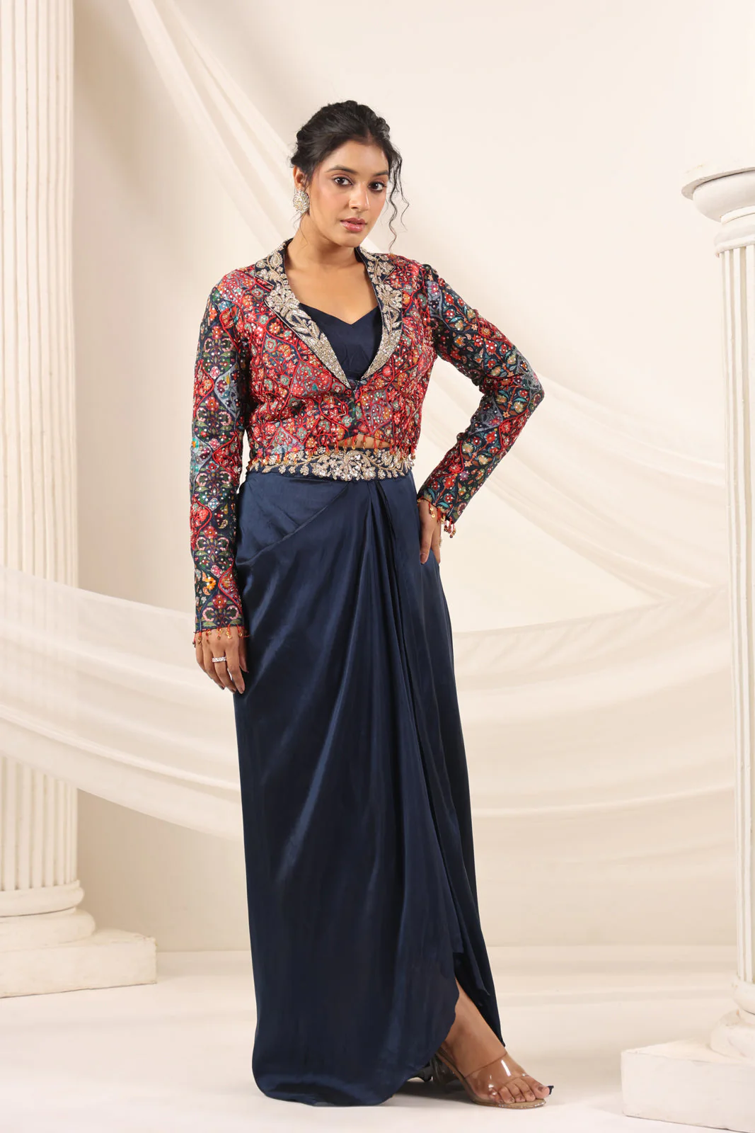 Navy Blue Fusion Pleaded Lehenga With Short Crop Top Paired With Contrast Printed Embroided Jacket - Image 9