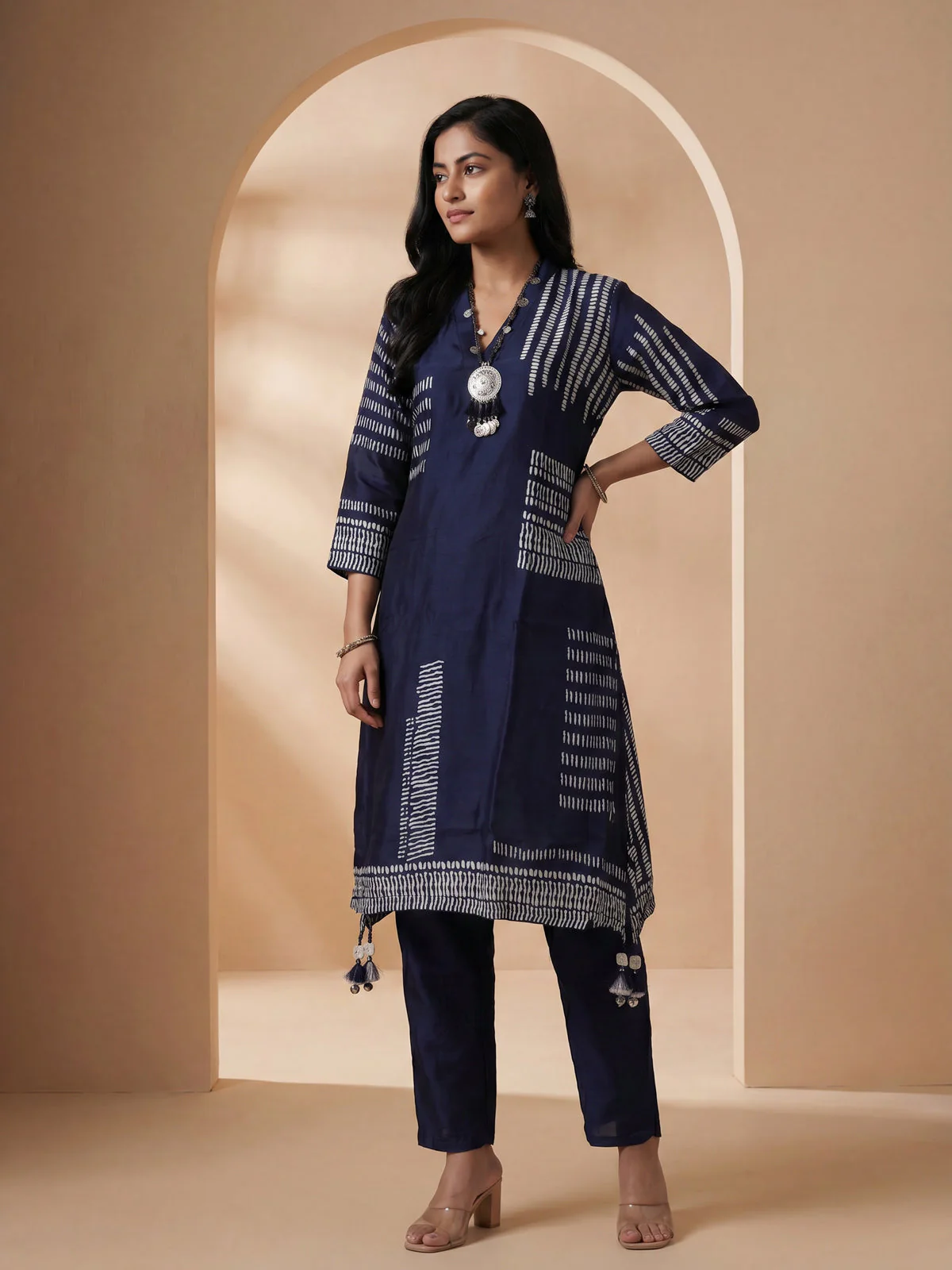 Navy Blue Muslin Tail cut Kurti and Pant Set - Image 3