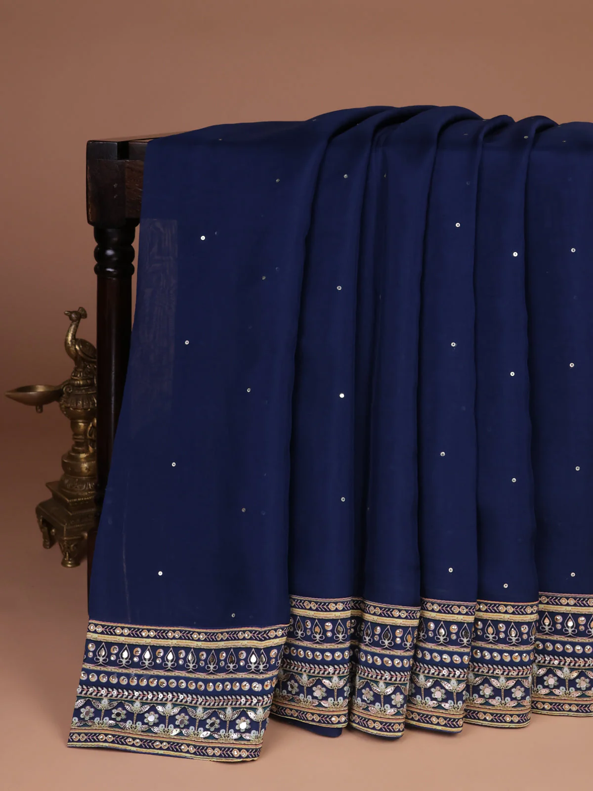 Navy Blue Organza Silk Saree - Embroidery Readymade Blouse - Image 2