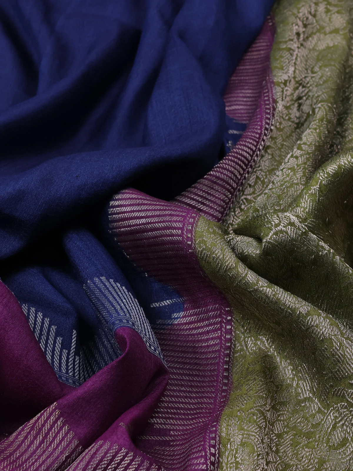 Navy Blue-Pink And Purple Banarasi Khaddi Tussar Saree - Image 3