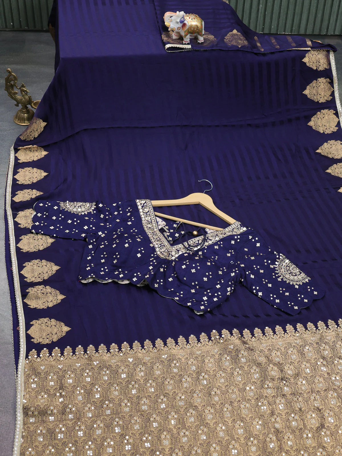 Navy Blue Satin Silk Saree With Embroidered Readymade Blouse
