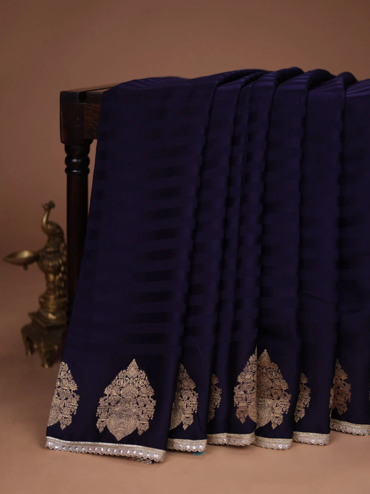 Navy Blue Satin Silk Saree With Embroidered Readymade Blouse - Image 2