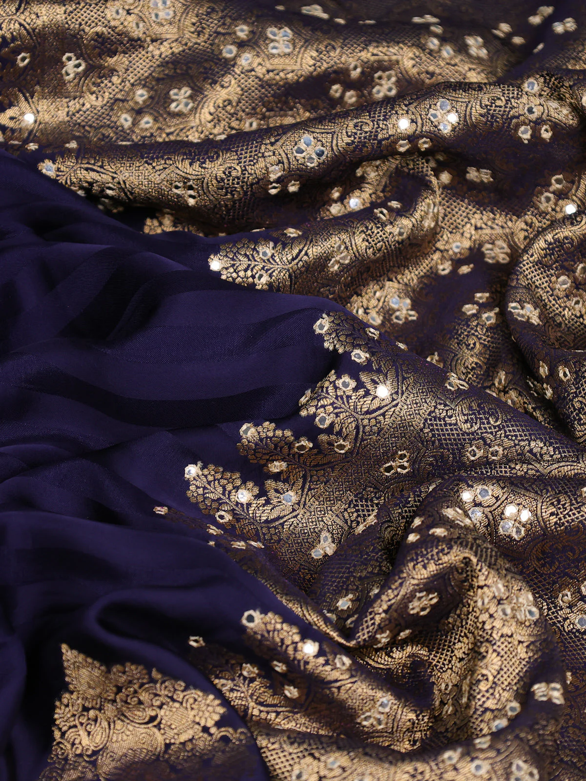 Navy Blue Satin Silk Saree With Embroidered Readymade Blouse - Image 3