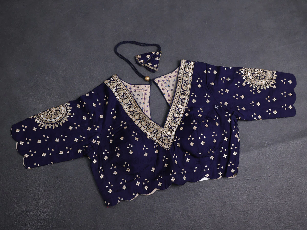 Navy Blue Satin Silk Saree With Embroidered Readymade Blouse - Image 4