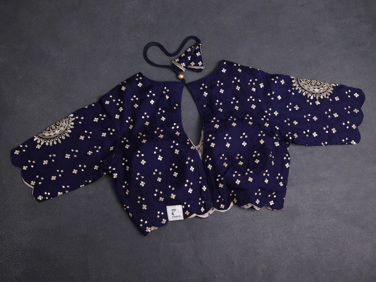Navy Blue Satin Silk Saree With Embroidered Readymade Blouse - Image 5