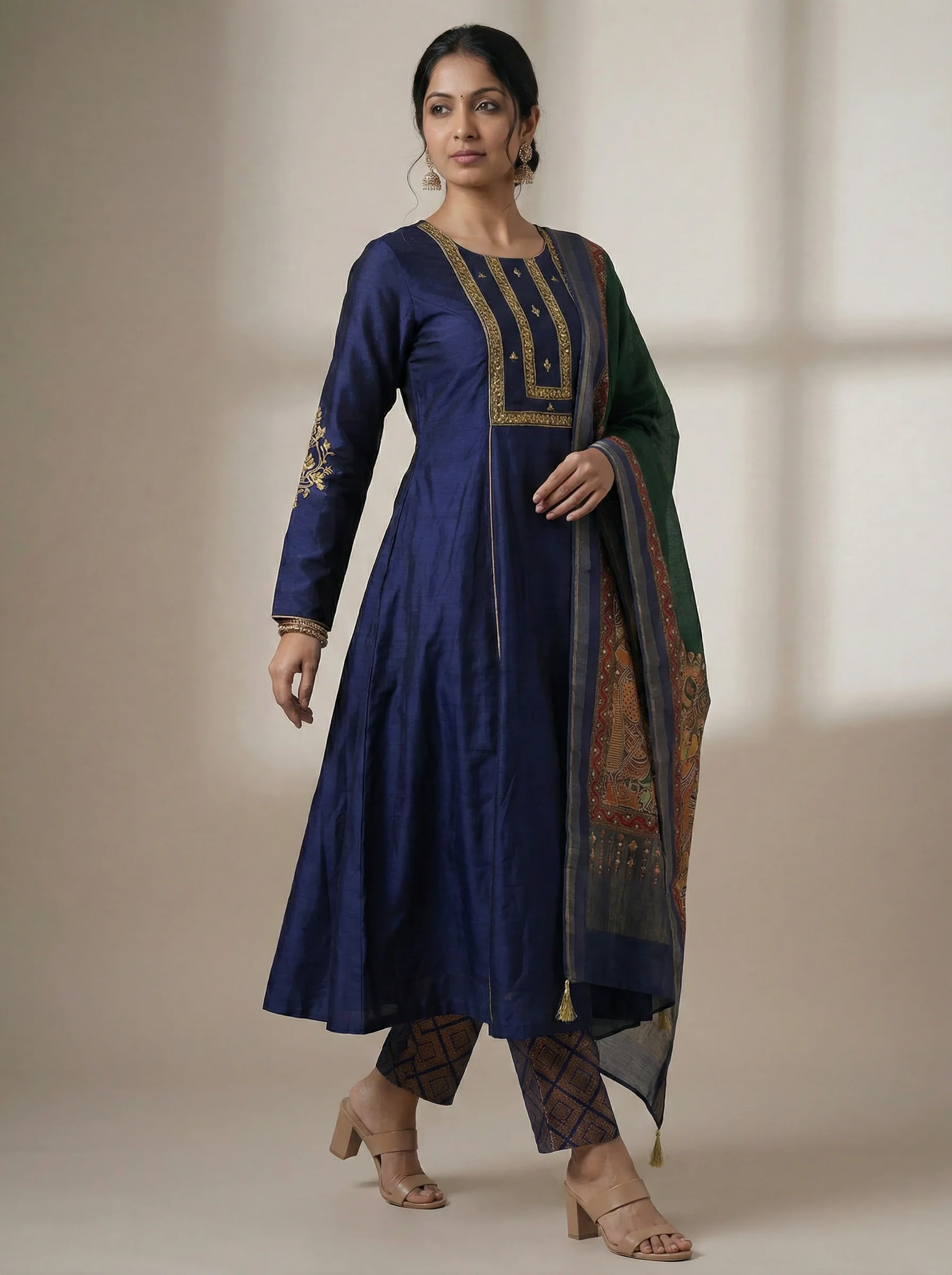 Navy Blue Tussar Anarkali Suit With Pant & Dupatta - Image 2