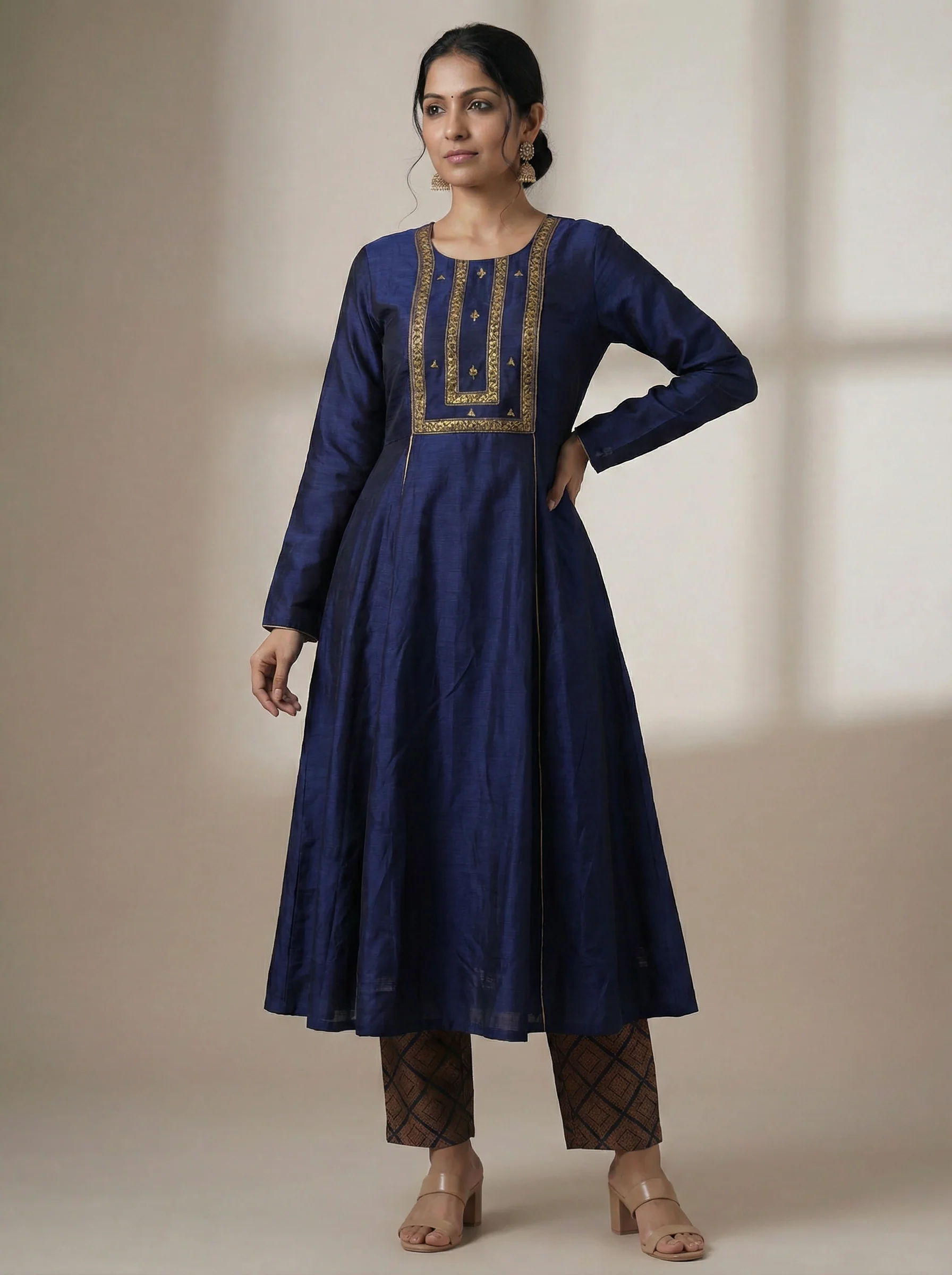 Navy Blue Tussar Anarkali Suit With Pant & Dupatta - Image 3