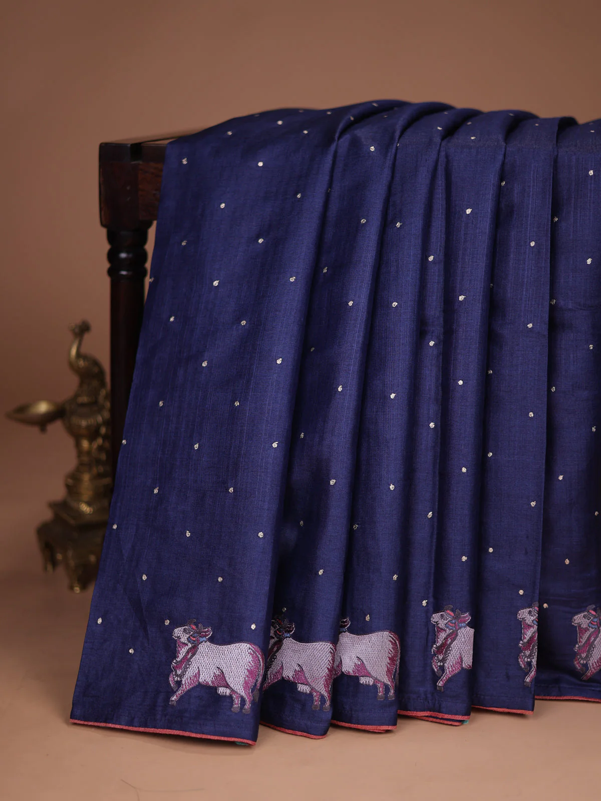 Navy Blue Tussar Silk Saree - Image 2