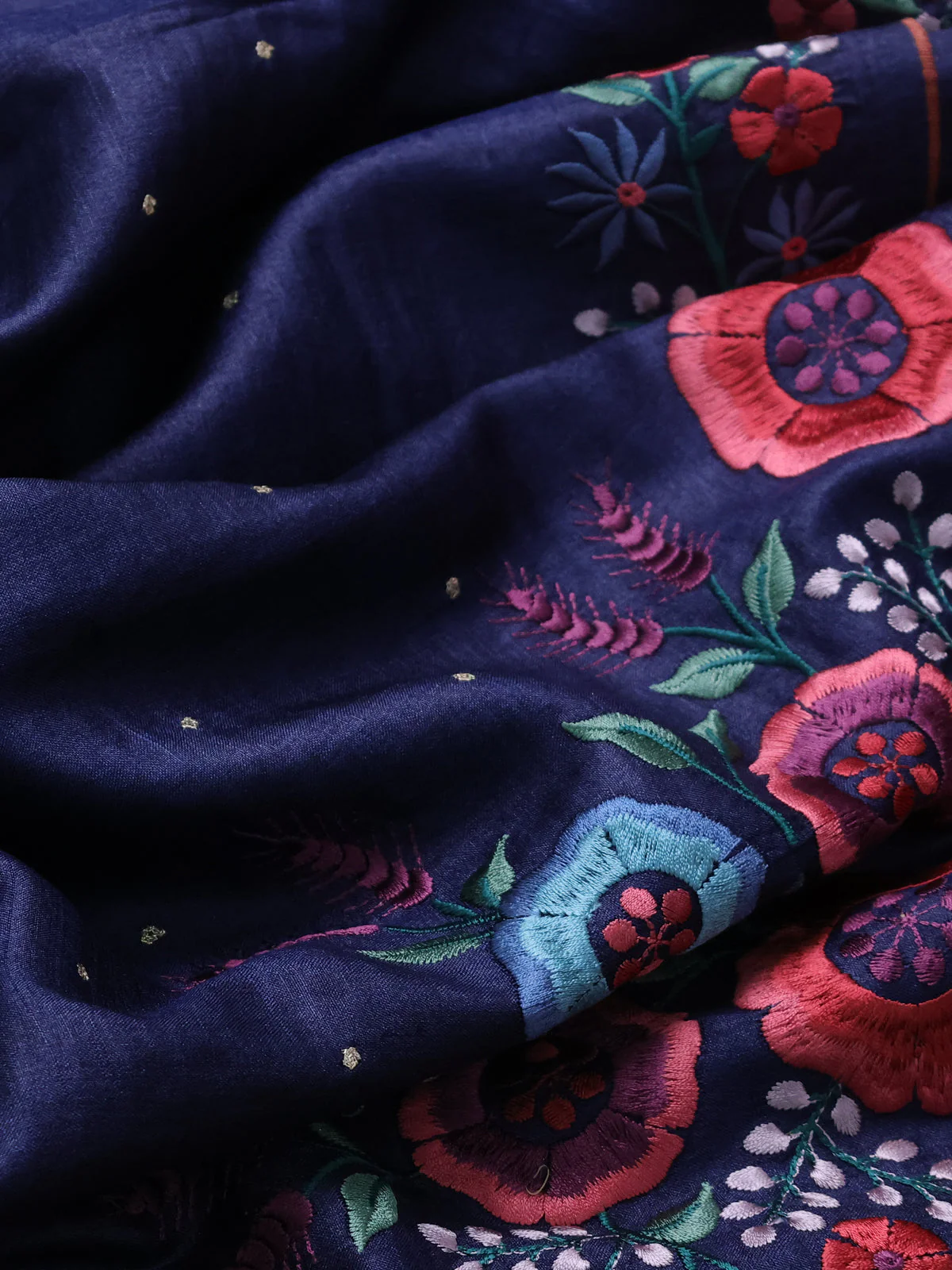 Navy Blue Tussar Silk Saree - Image 3