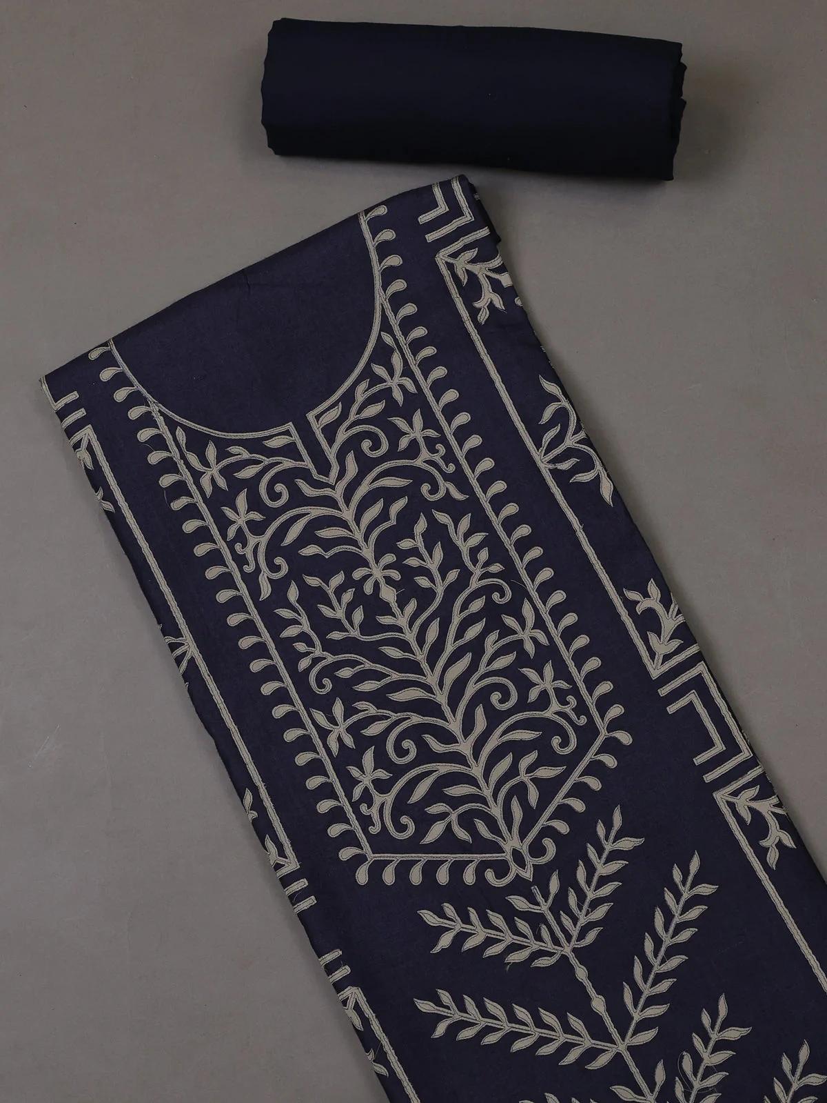 Navy Blue Tussar Silk Unstitched Suit - Image 2