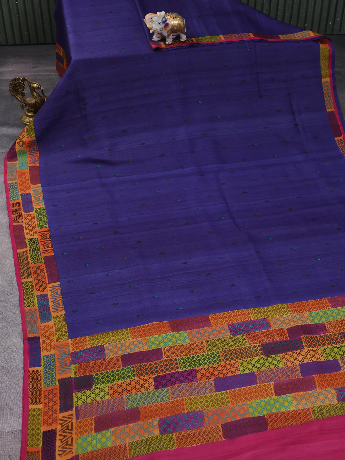 Navy Blue Yellow Banarasi Khaddi Tussar Saree - Image 2