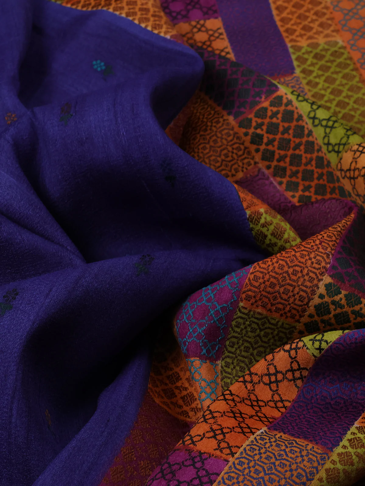 Navy Blue Yellow Banarasi Khaddi Tussar Saree - Image 3