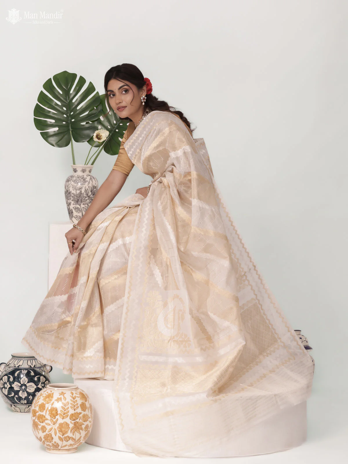 Off White Banarasi Kora Silk Saree - Image 3