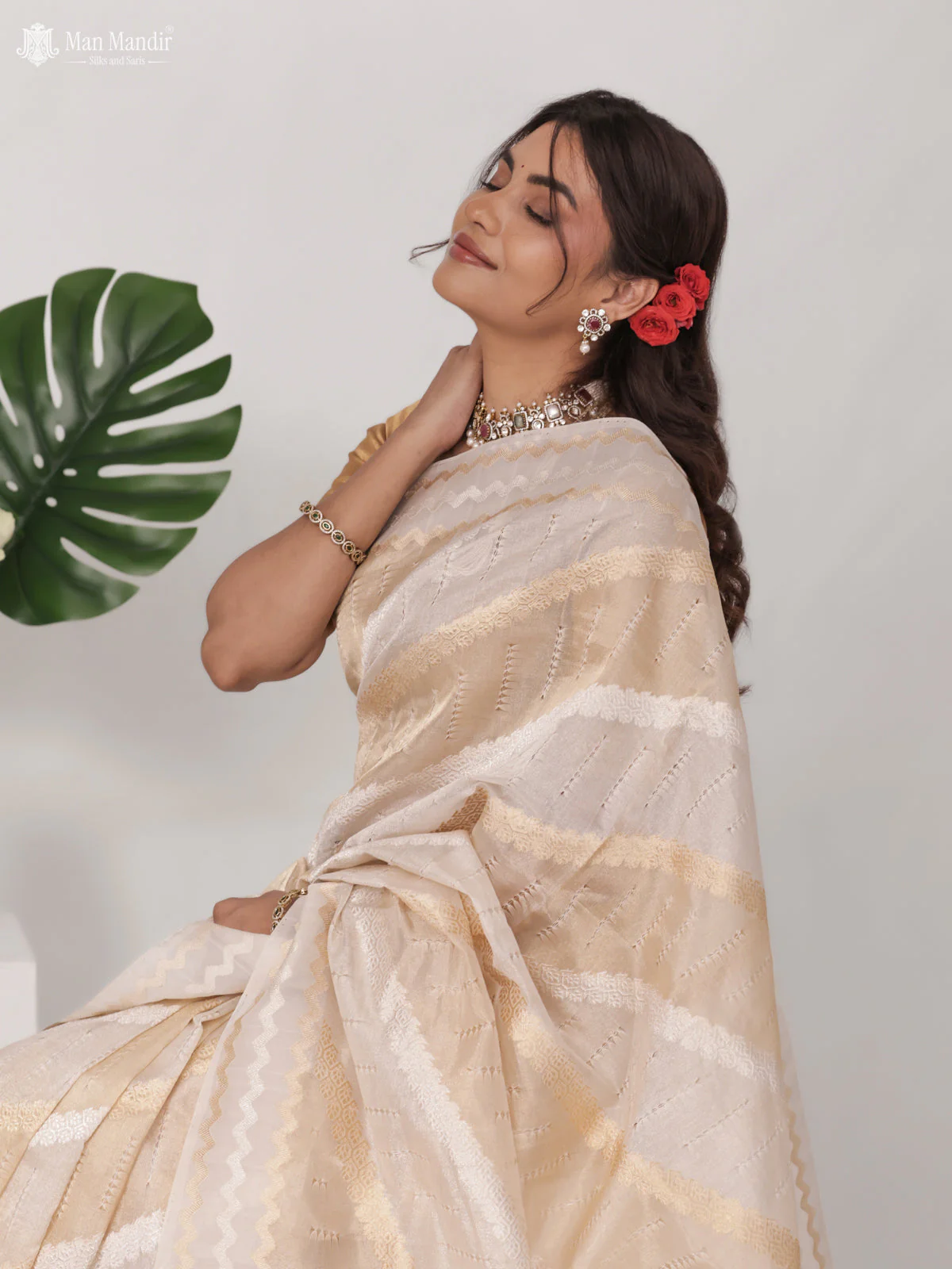 Off White Banarasi Kora Silk Saree - Image 4