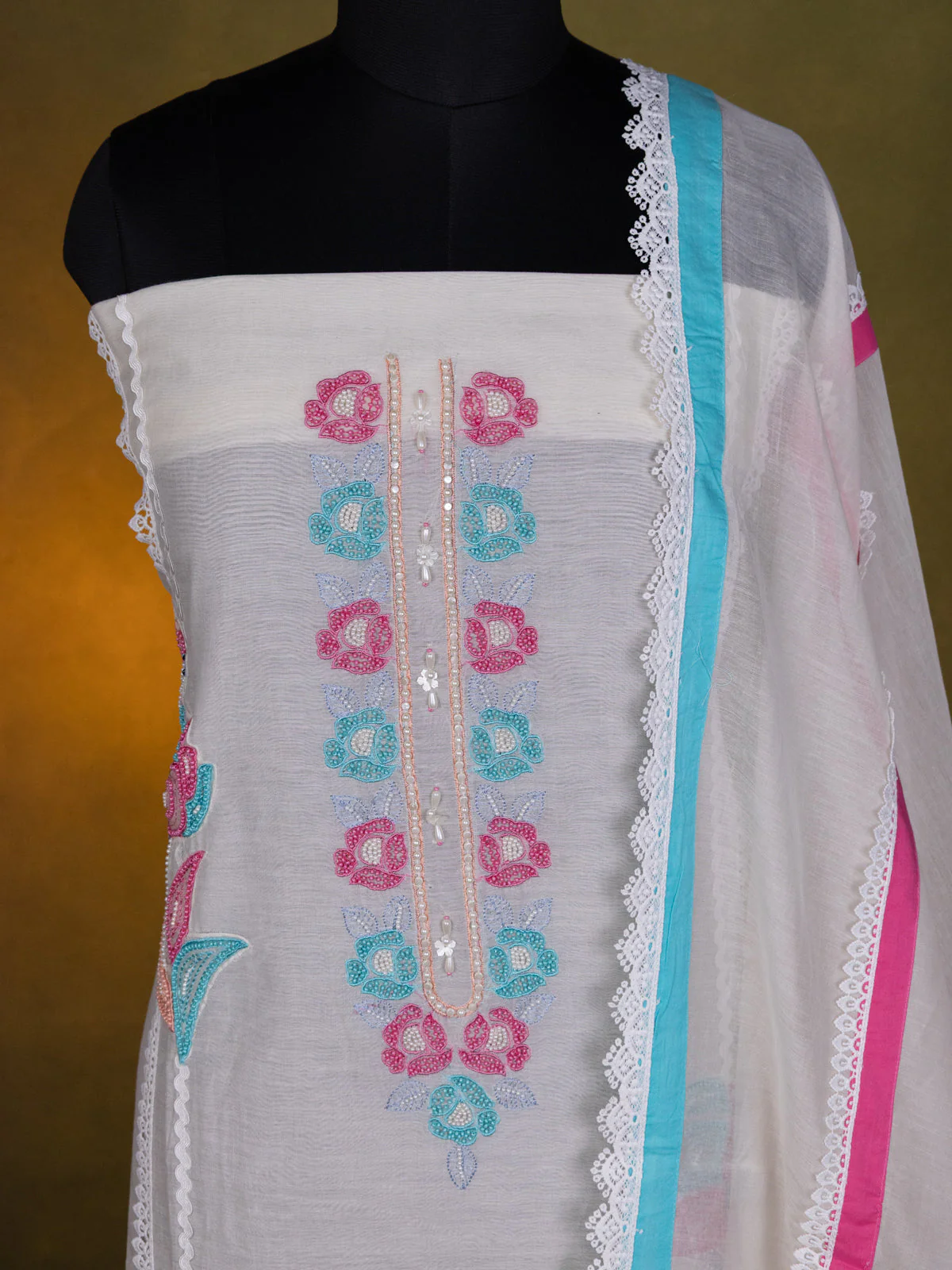 Off-White Chanderi Unstitched Suit - Image 3