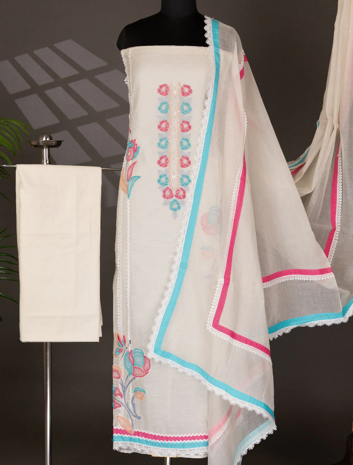 Off-White Chanderi Unstitched Suit - Image 5