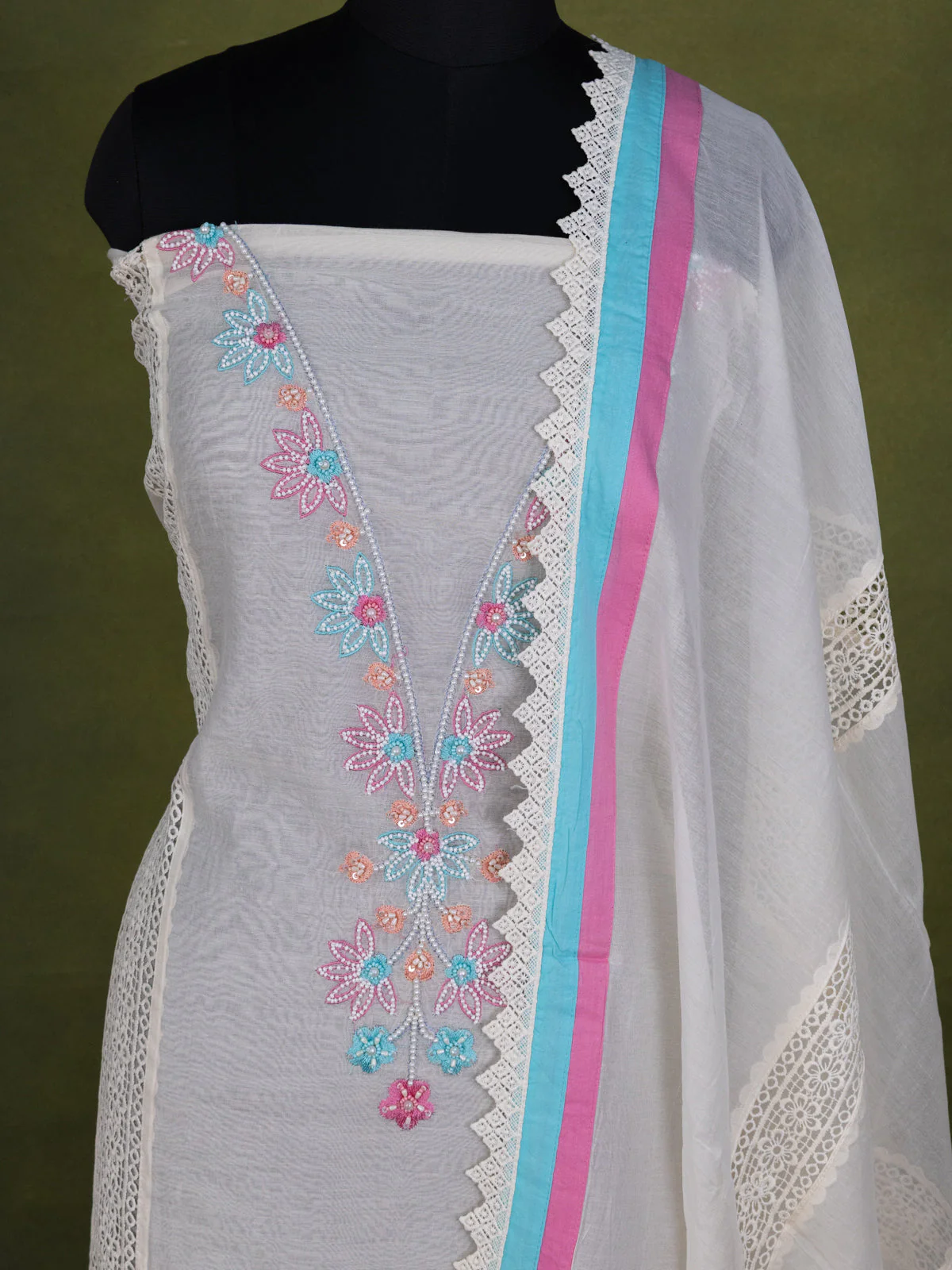 Off-White Chanderi Unstitched Suit - Image 3
