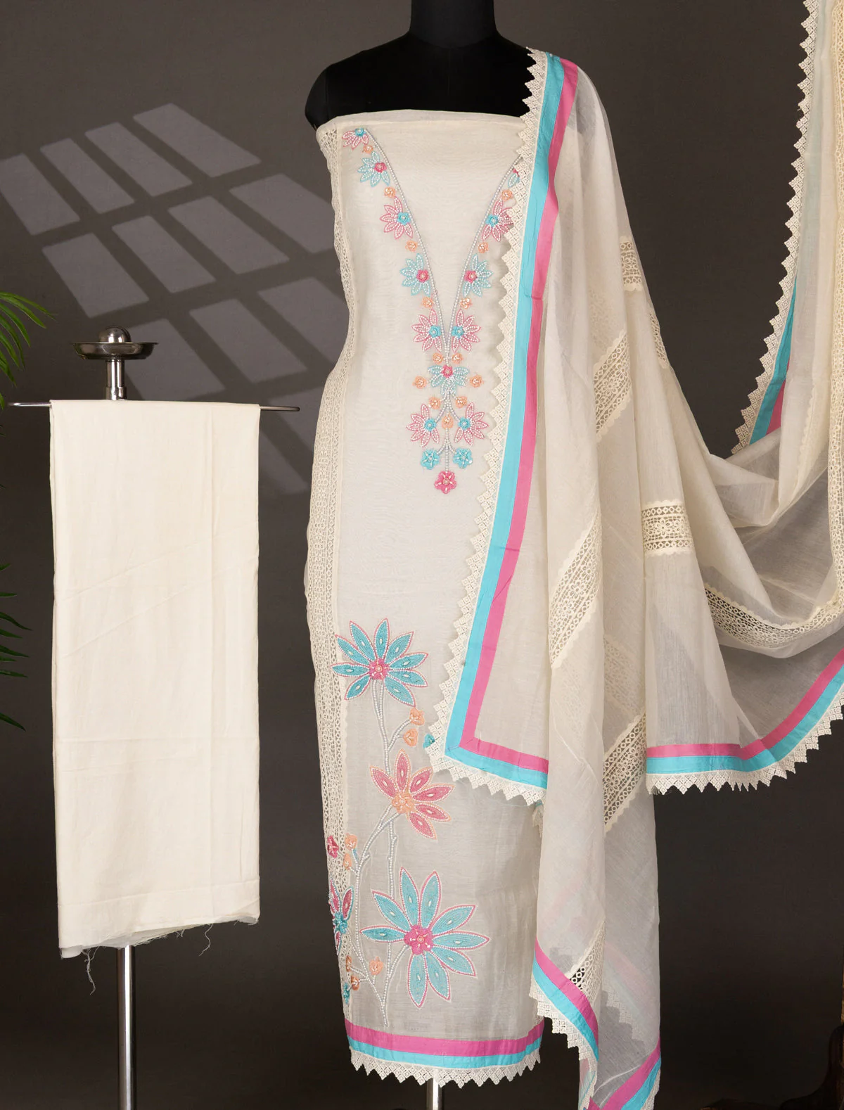 Off-White Chanderi Unstitched Suit - Image 4