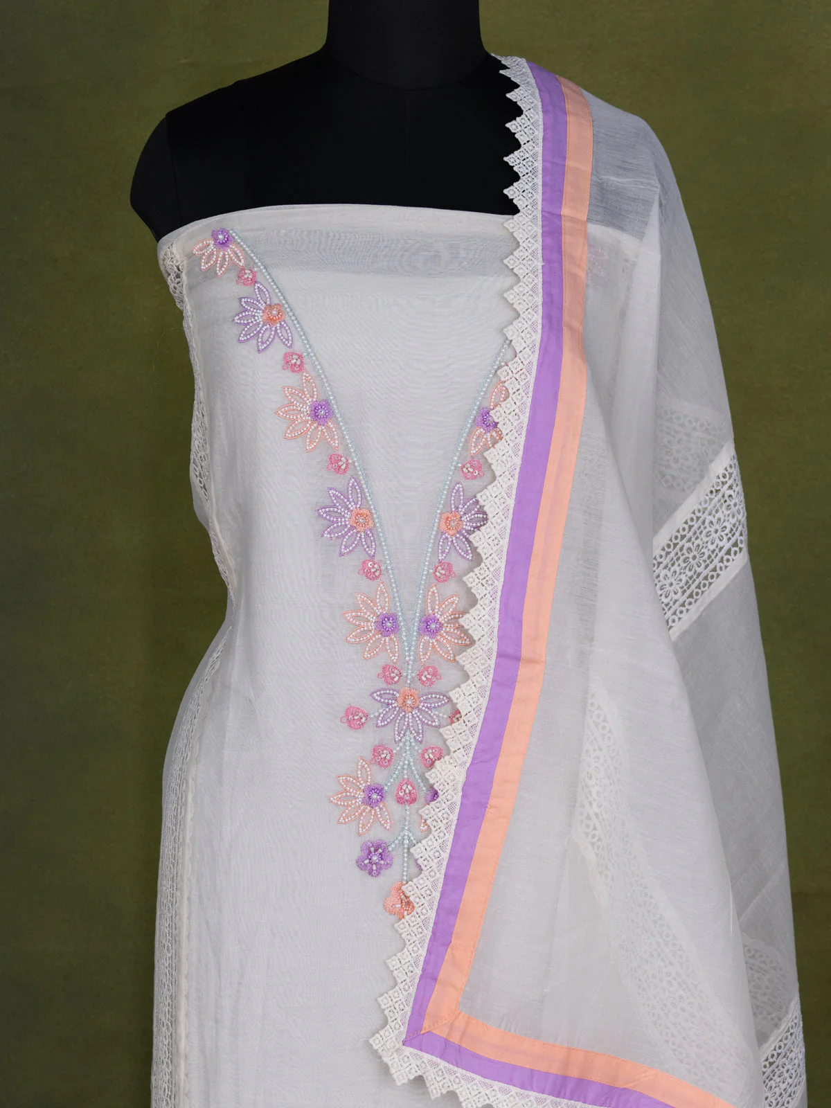Off-White Chanderi Unstitched Suit - Image 3