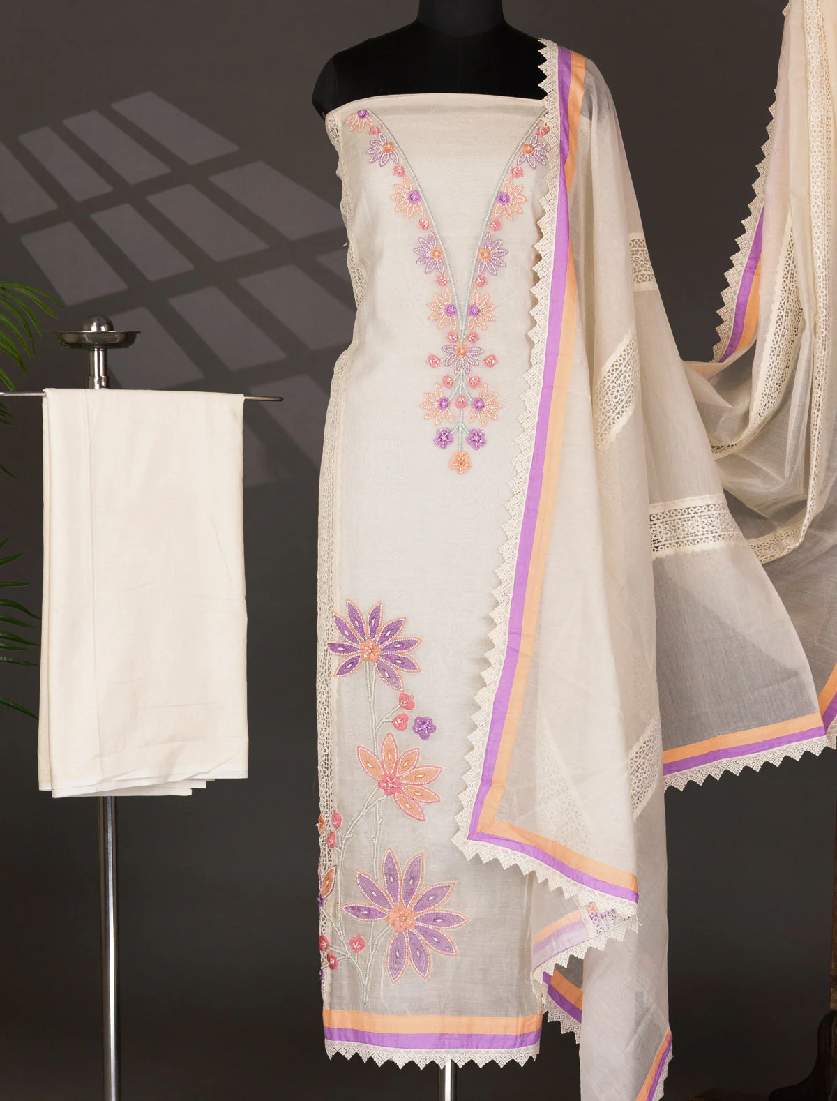 Off-White Chanderi Unstitched Suit - Image 5