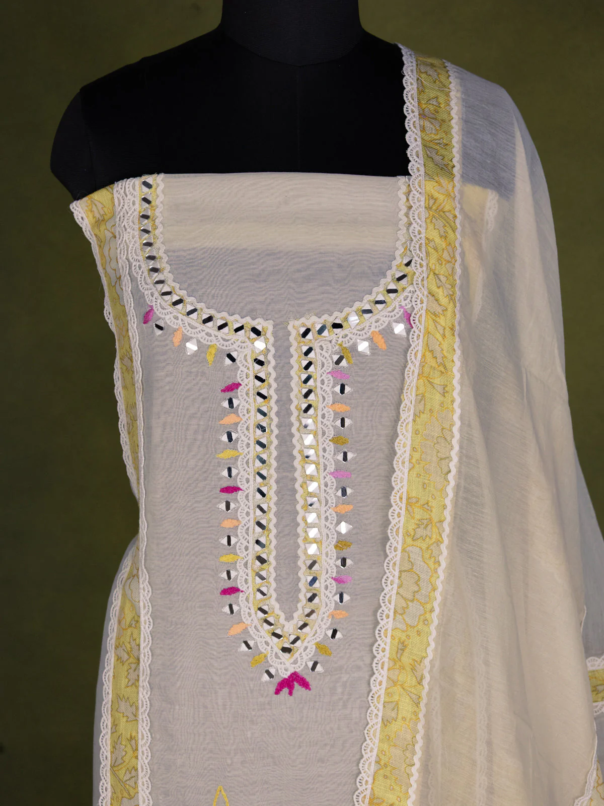Off-White Chanderi Unstitched Suit with Embroidery Mirror Work - Image 3
