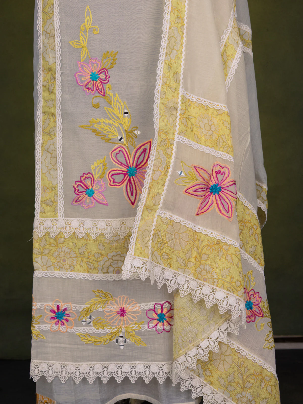 Off-White Chanderi Unstitched Suit with Embroidery Mirror Work - Image 4