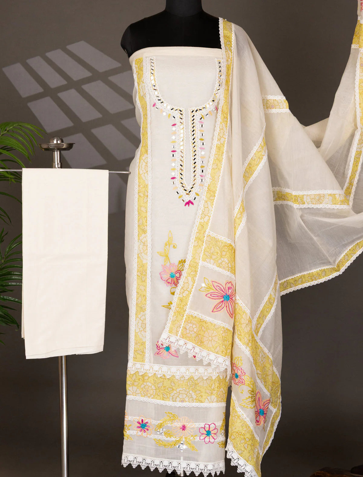 Off-White Chanderi Unstitched Suit with Embroidery Mirror Work - Image 5