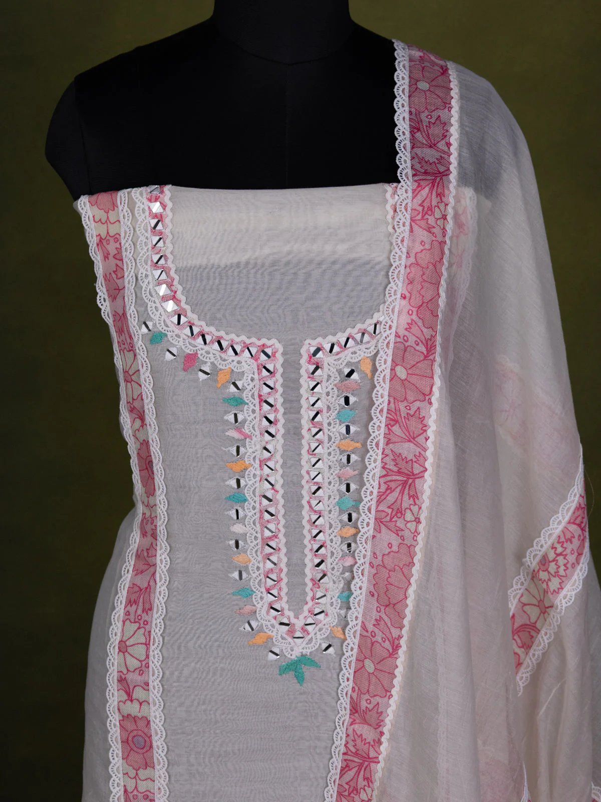 Off-White Chanderi Unstitched Suit with Embroidery Mirror Work - Image 3
