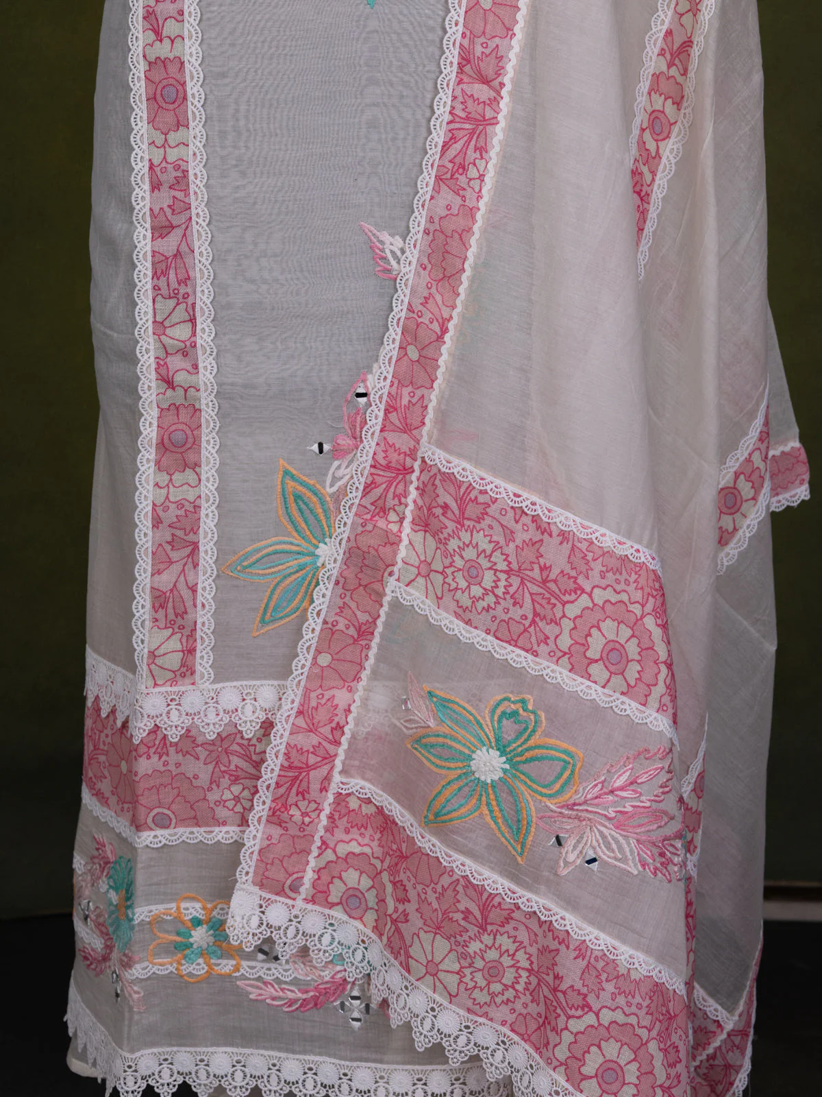 Off-White Chanderi Unstitched Suit with Embroidery Mirror Work - Image 4