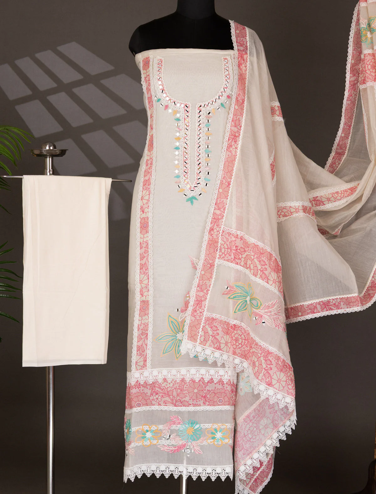 Off-White Chanderi Unstitched Suit with Embroidery Mirror Work - Image 5