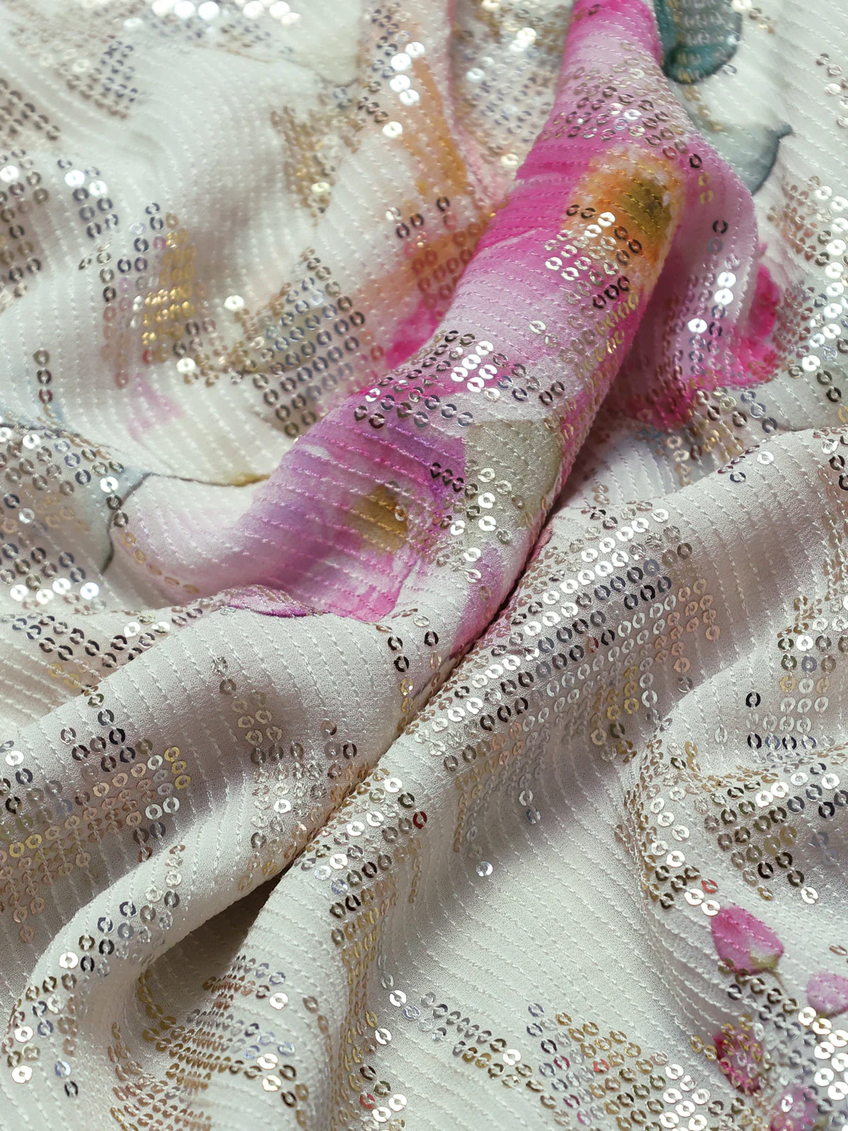 Off White Georgette Sequin Work Saree - Image 3
