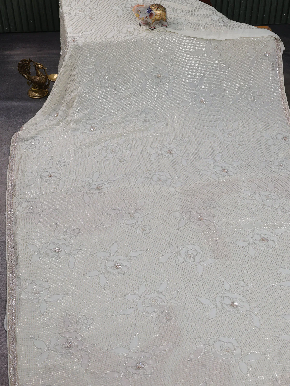 Off White Georgette Sequins Saree - Image 2