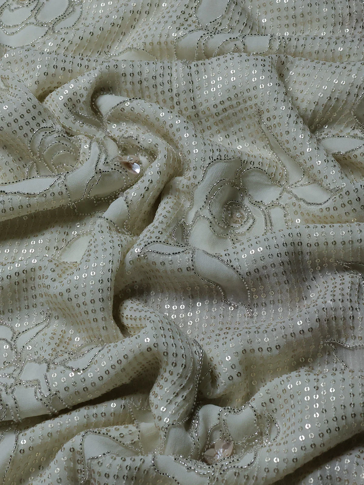 Off White Georgette Sequins Saree - Image 3
