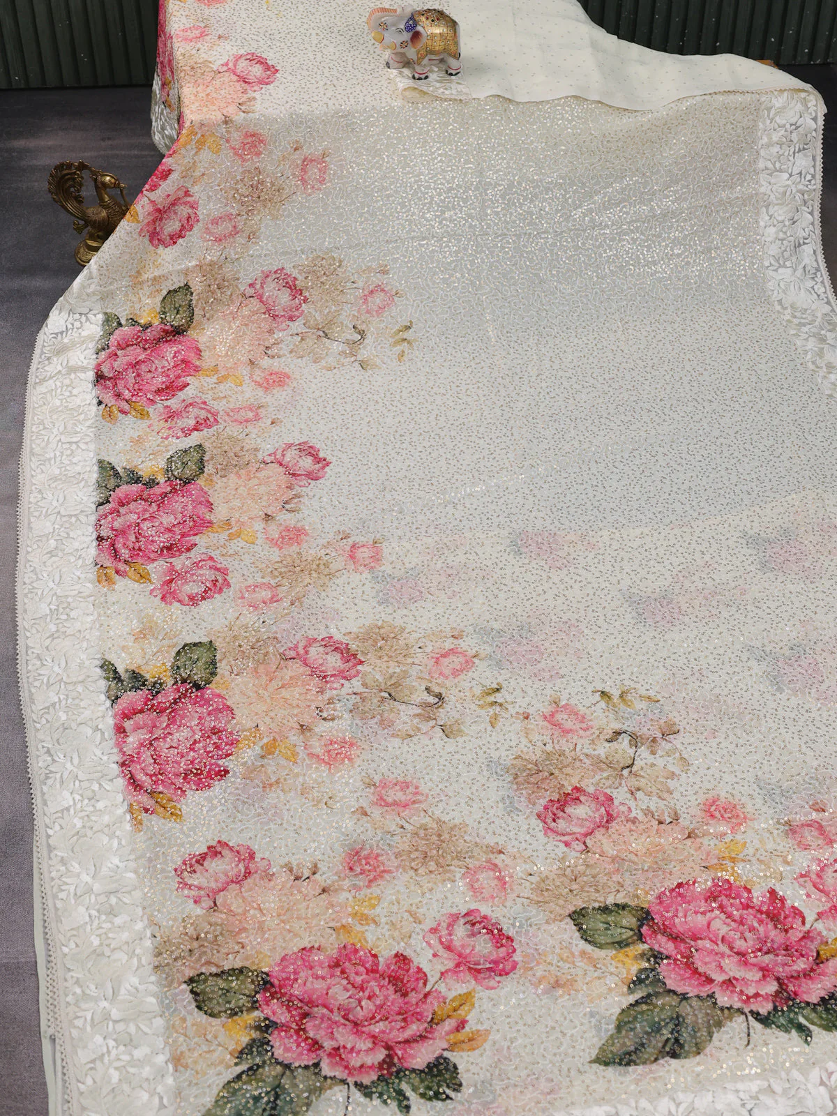 Off White Georgette Sequins Saree - Image 2