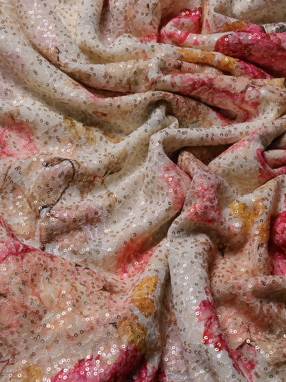 Off White Georgette Sequins Saree - Image 3