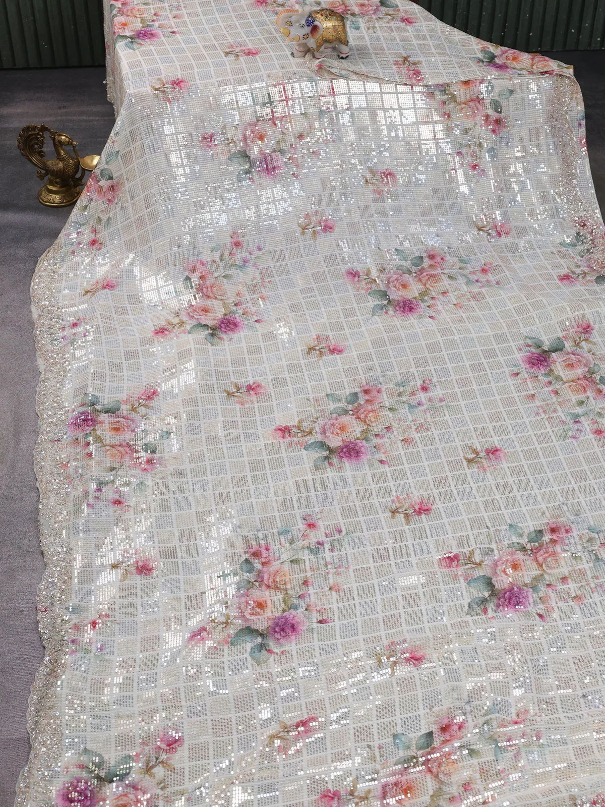 Off White Georgette Sequins Saree - Image 2