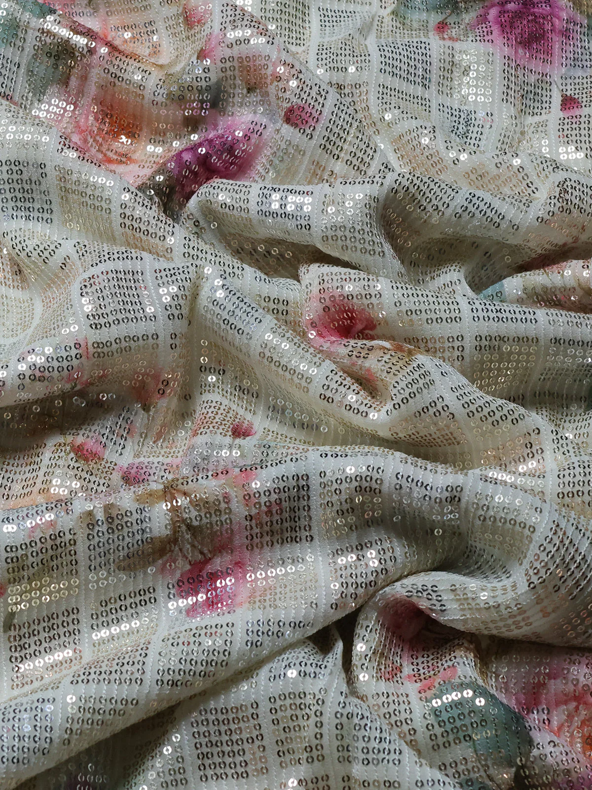 Off White Georgette Sequins Saree - Image 3