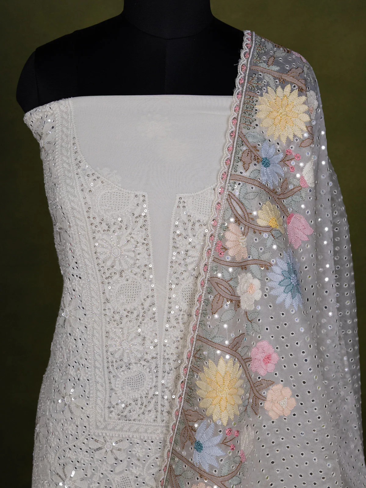 Off-White georgette Unstitched Suit with Chikankari Work - Image 3
