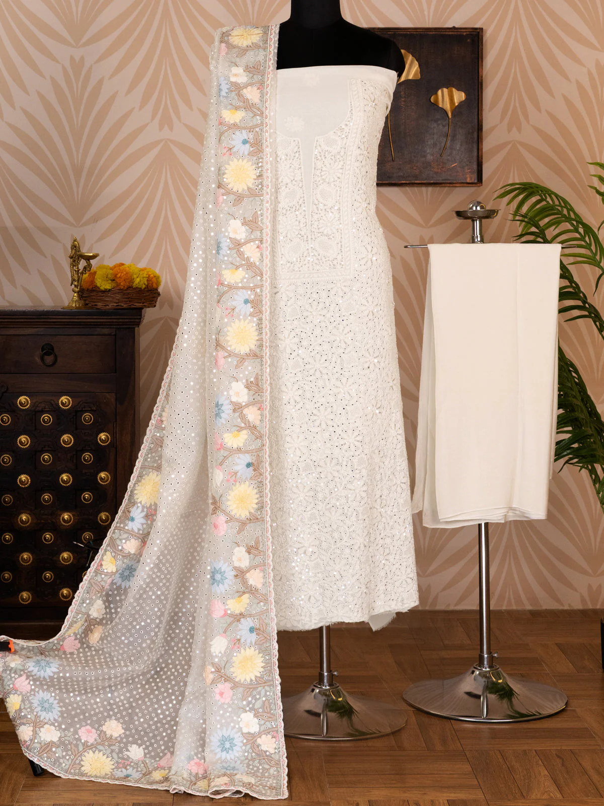 Off-White georgette Unstitched Suit with Chikankari Work - Image 5