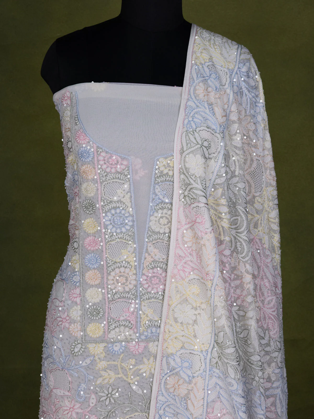 Off-White Georgette Unstitched Suit with Chikankari Work - Image 3