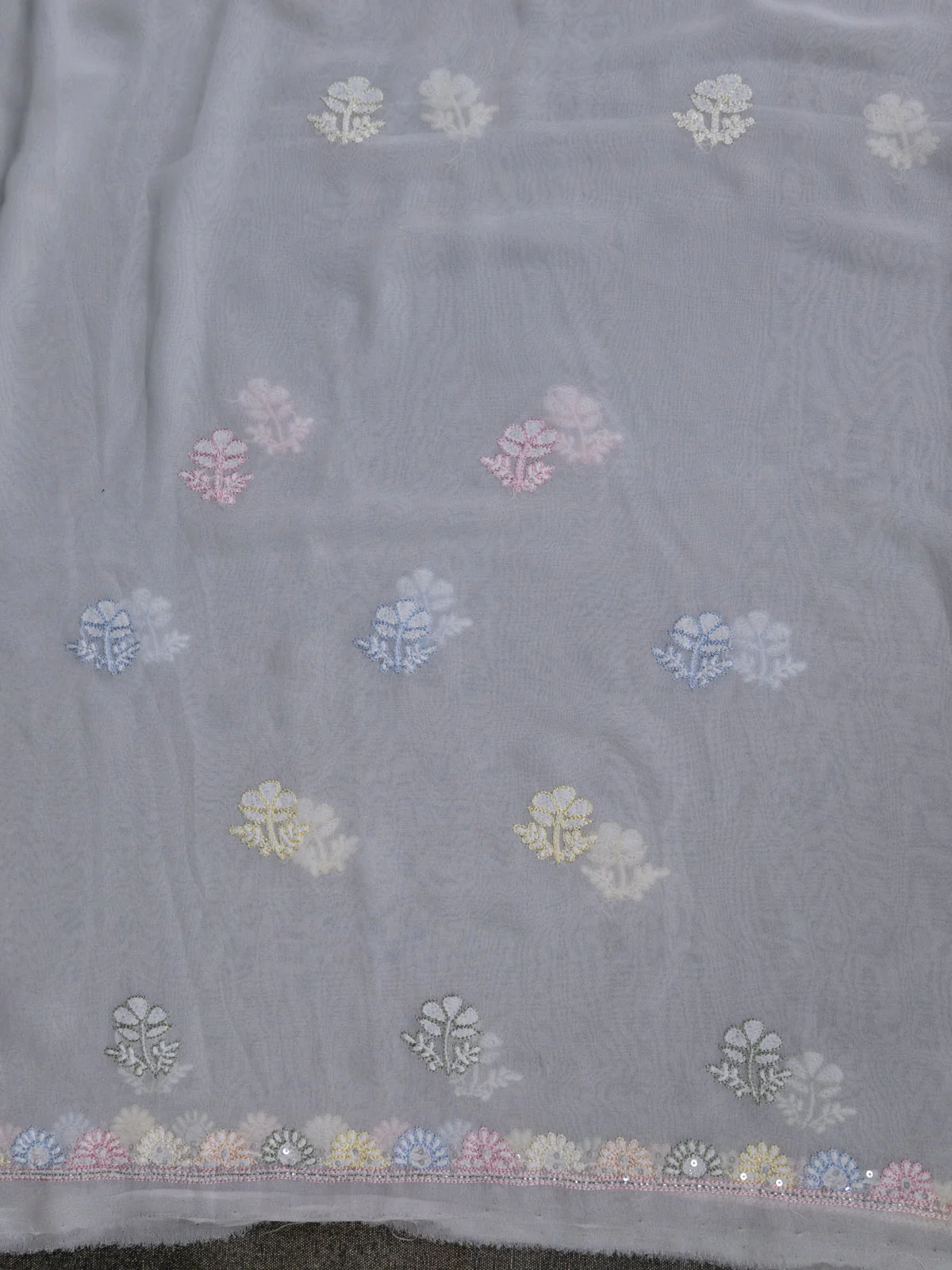 Off-White Georgette Unstitched Suit with Chikankari Work - Image 4