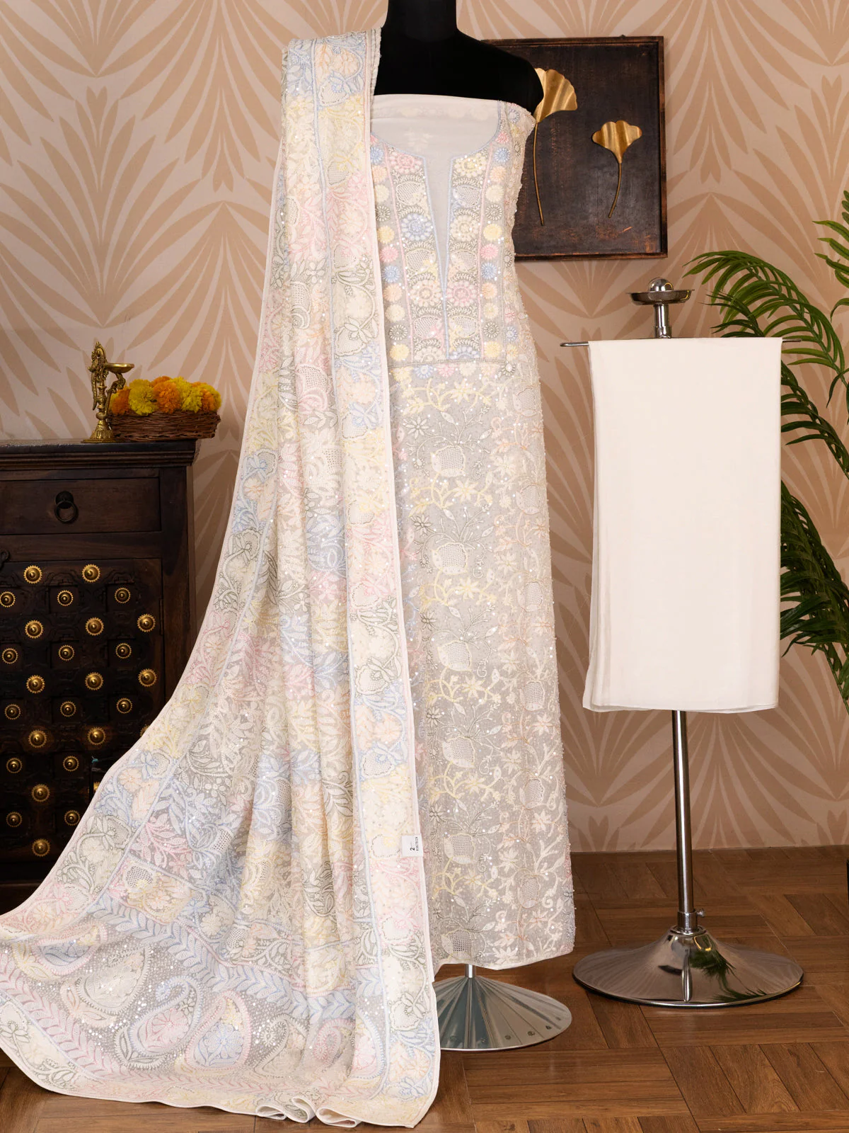 Off-White Georgette Unstitched Suit with Chikankari Work - Image 5