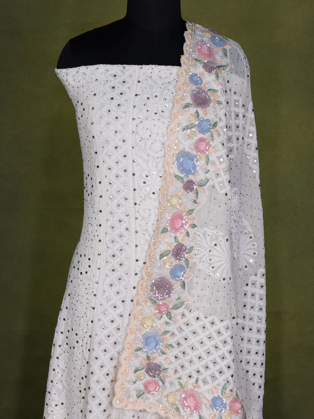 Off-White Georgette Unstitched Suit with Chikankari Work - Image 3