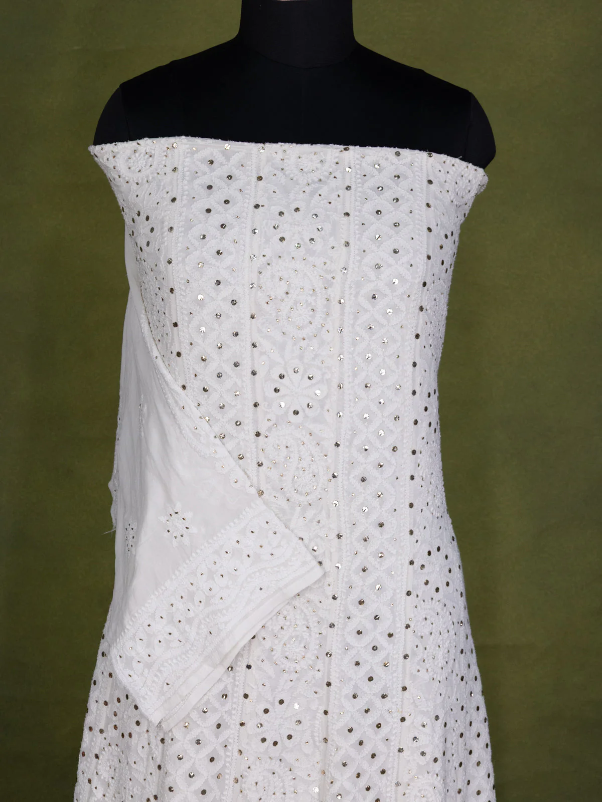 Off-White Georgette Unstitched Suit with Chikankari Work - Image 4