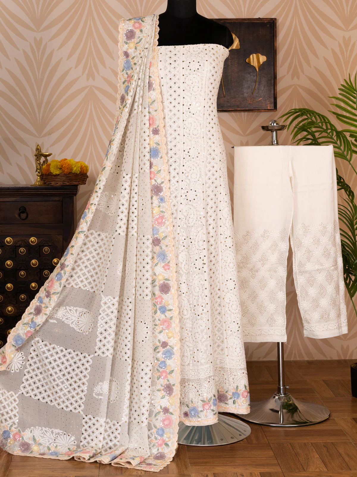 Off-White Georgette Unstitched Suit with Chikankari Work - Image 5