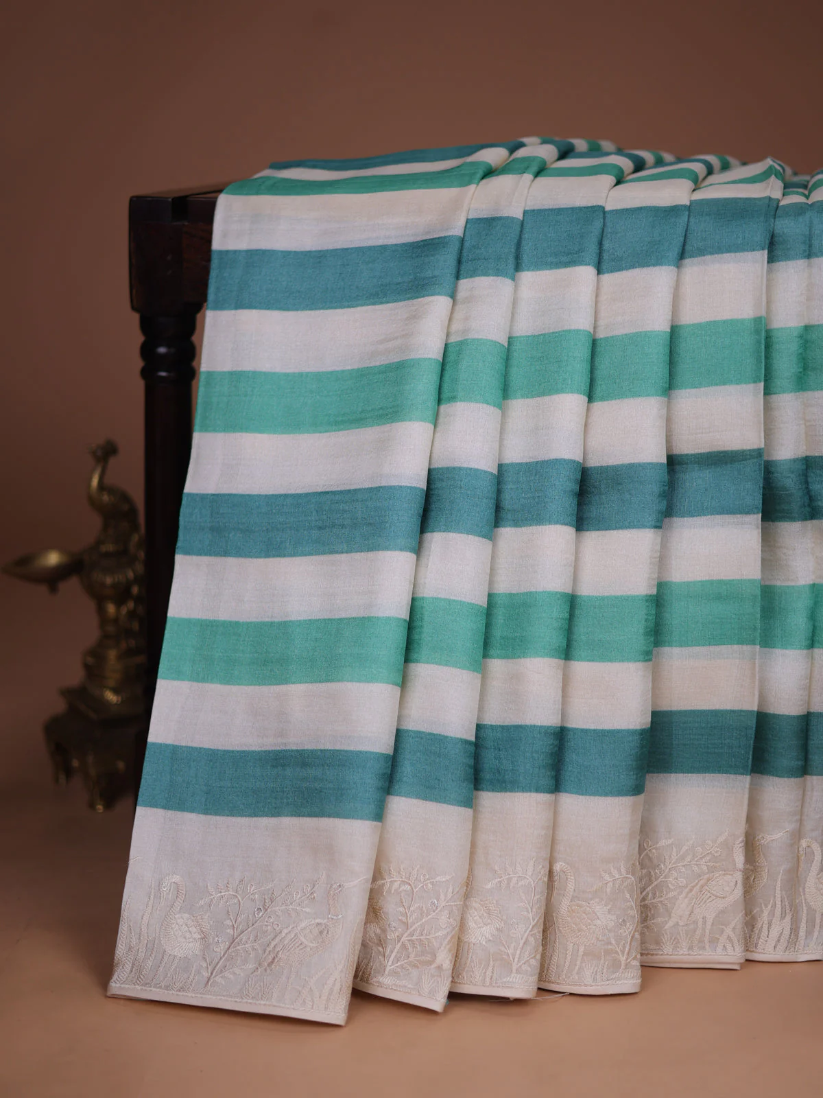 Off White -Green Tussar Silk Saree - Image 2