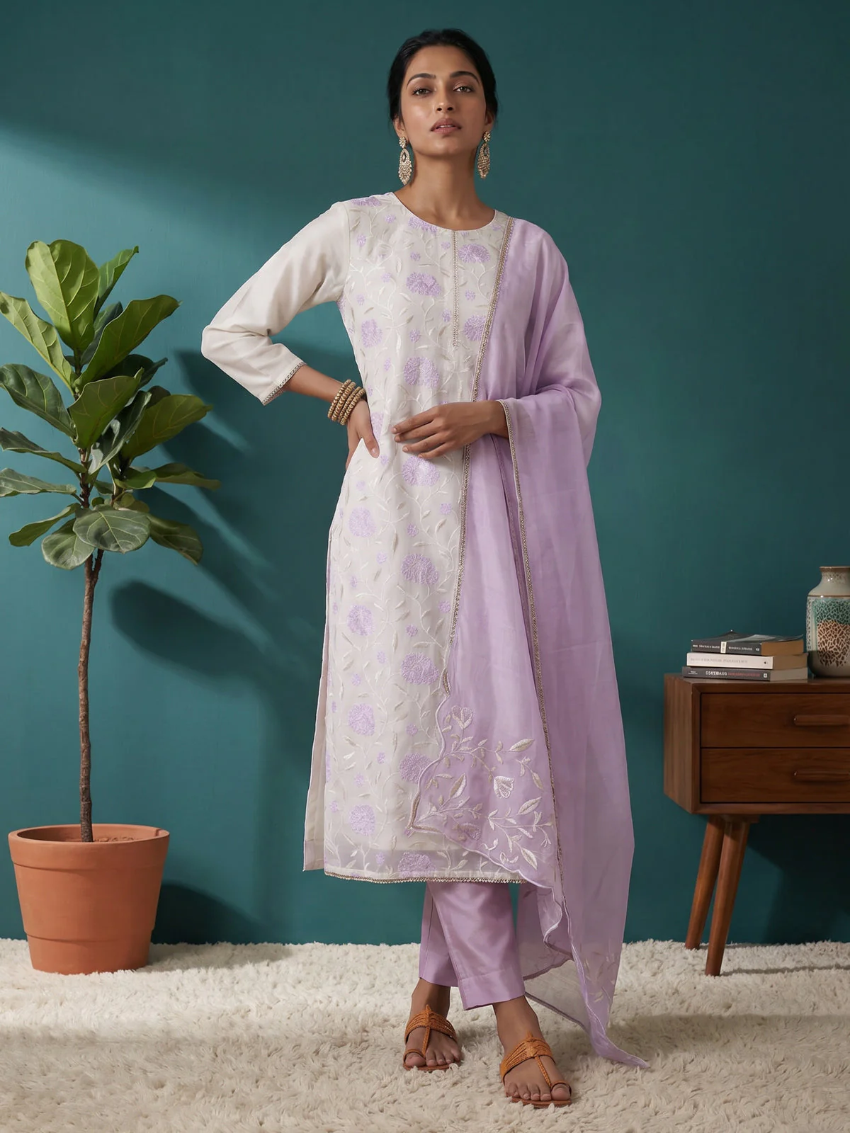 Off White-Lavender Mul Chanderi Salwar Suit - Image 3