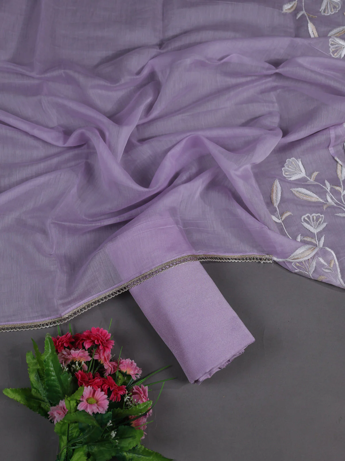 Off White -Lavender Mul Chanderi Semi Stitched Suit - Image 2